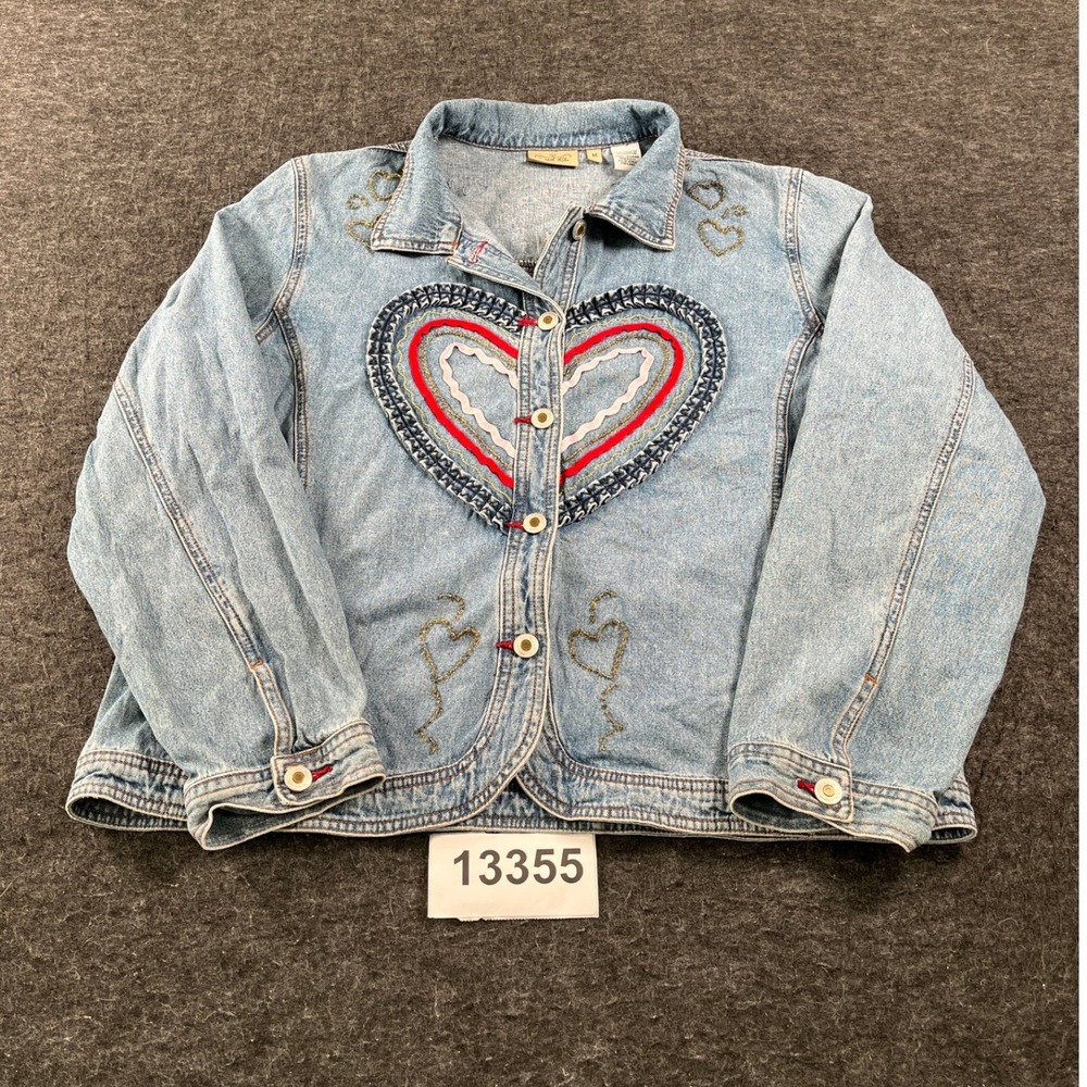 Crystal Kobe Denim Jacket Womens Medium Blue Heart Embroidered Beaded Streetwear